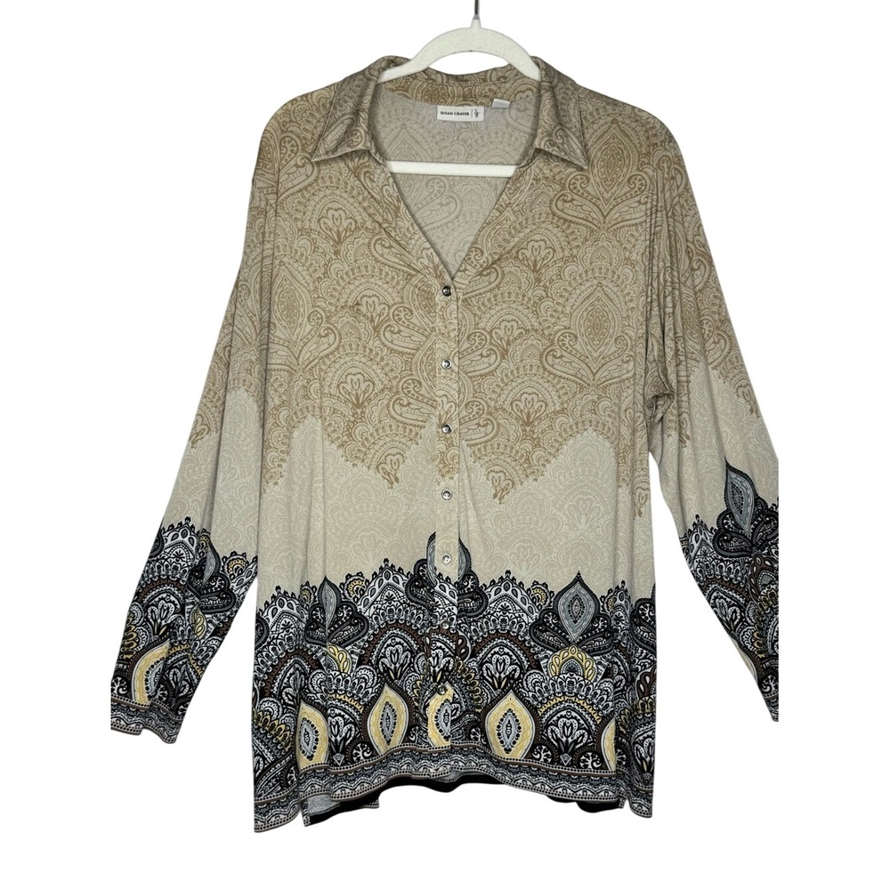 Susan Graver Liquid Knit Front Snap Multi Print Tunic Top Sz XL Collar Stretch